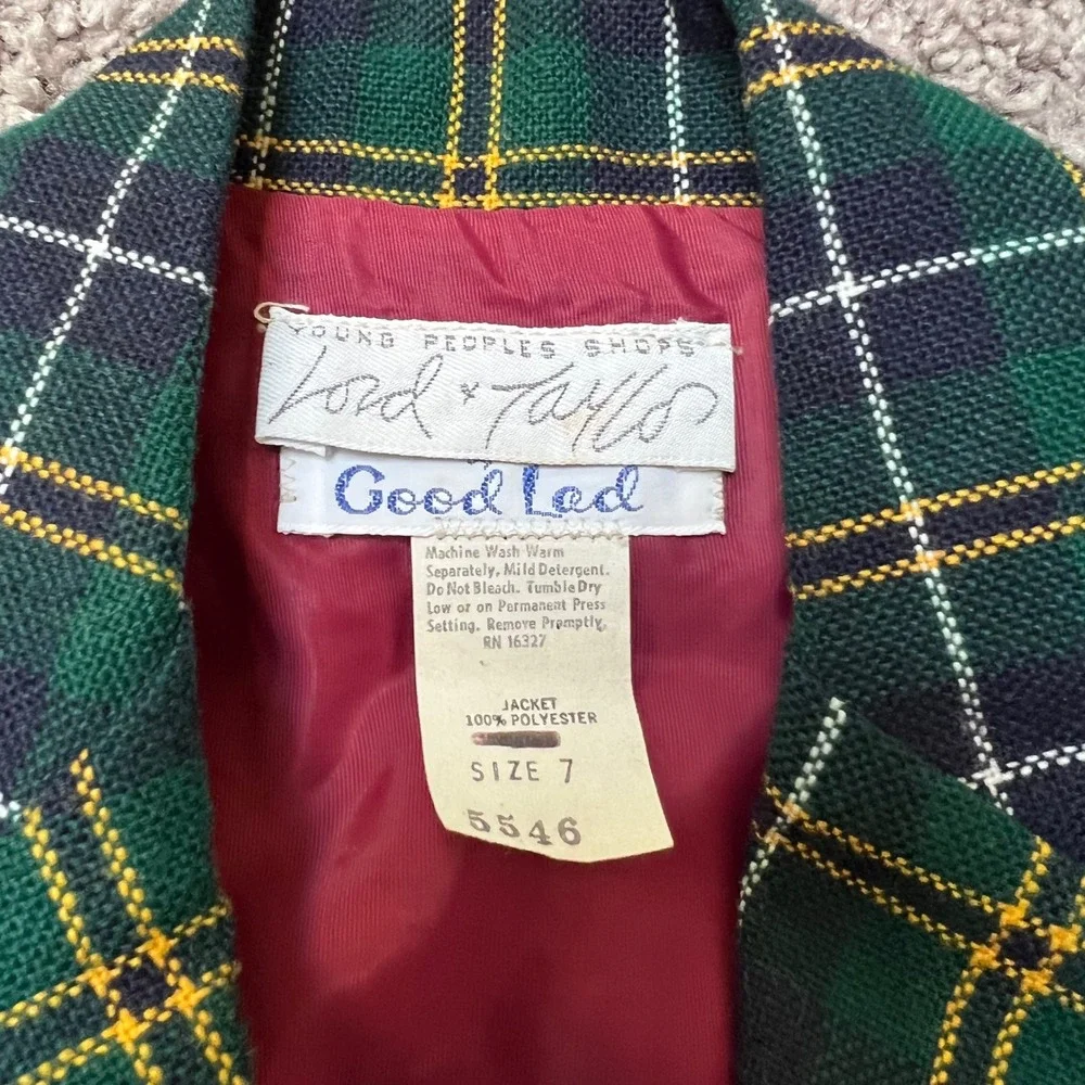 Vintage Good Lad Lord & Taylor Tartan Plaid Blazer Jacket Green Kid's Youth Sz 7